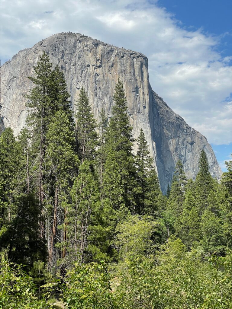 A scenic viewpoint in Yosemite National Park, offering breathtaking views of waterfalls and towering rock formations from a Yosemite hike.