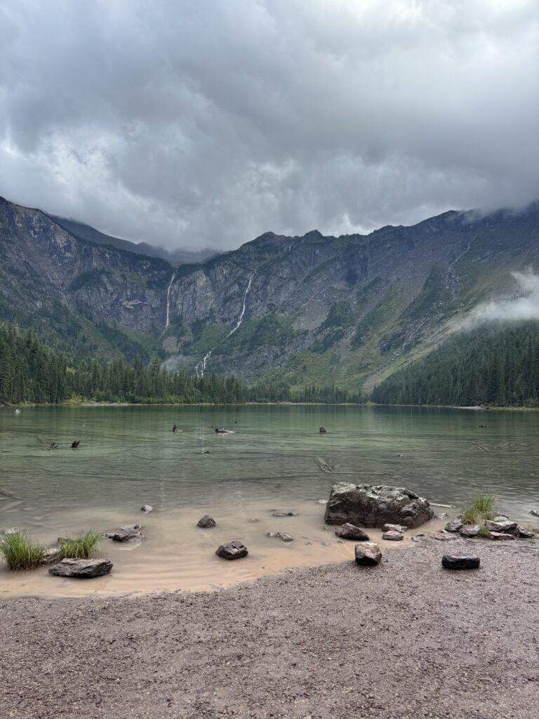 Scenic view of Avalanche Lake in Glacier National Park, surrounded by towering mountains and lush forest.