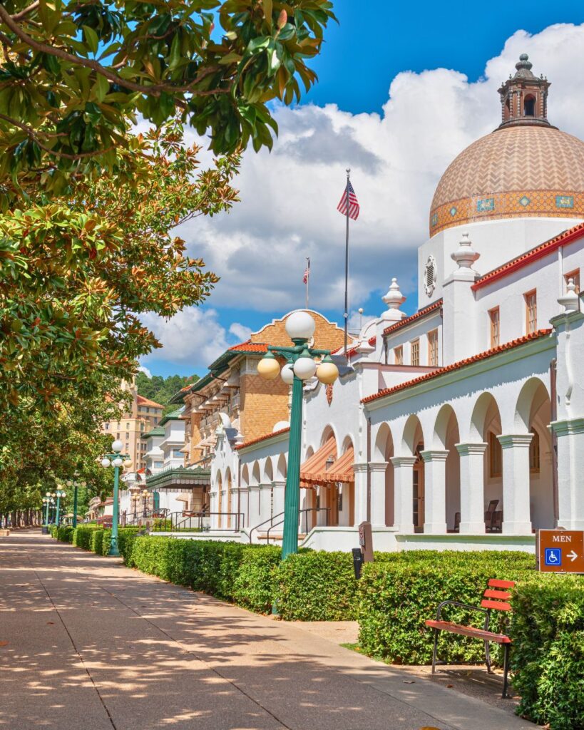 Historic Bathhouse Row in Hot Springs National Park, highlighting lodging options when Planning A National Park Trip.