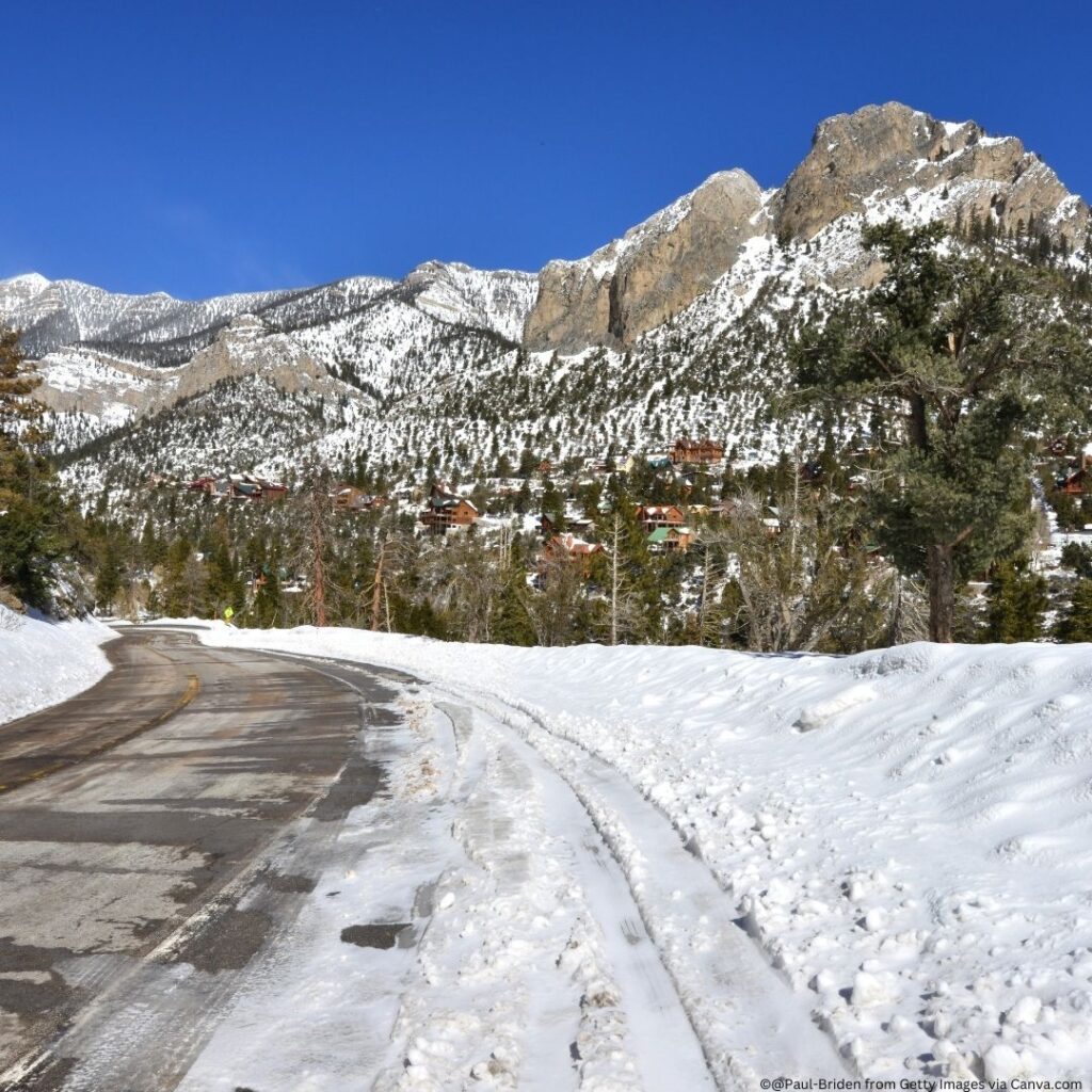 A snowy view of the scenic Mount Charleston Wilderness, offering a peaceful outdoor escape in Las Vegas with stunning mountain vistas and hiking trails.