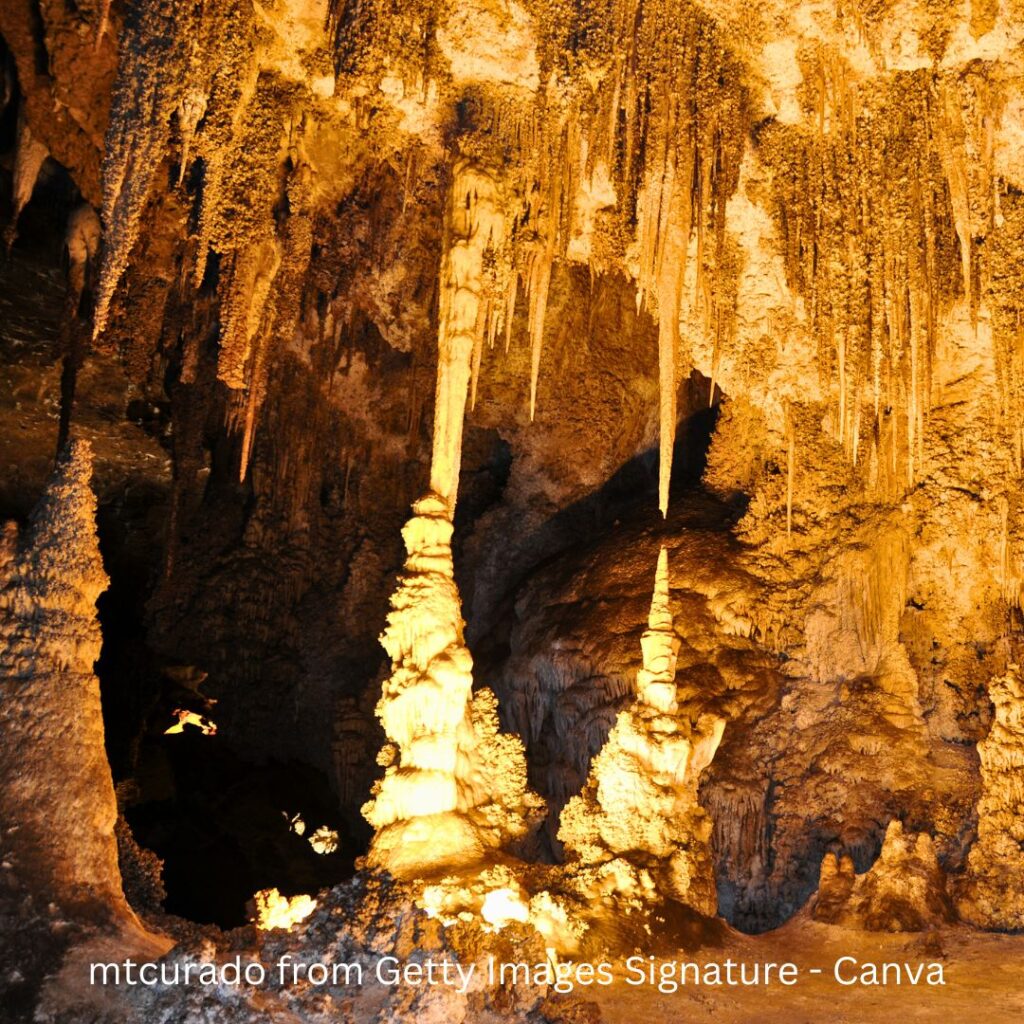 Intricate cave details inside Carlsbad Caverns, a must-see Cave National Park, with stalactites and stalagmites.