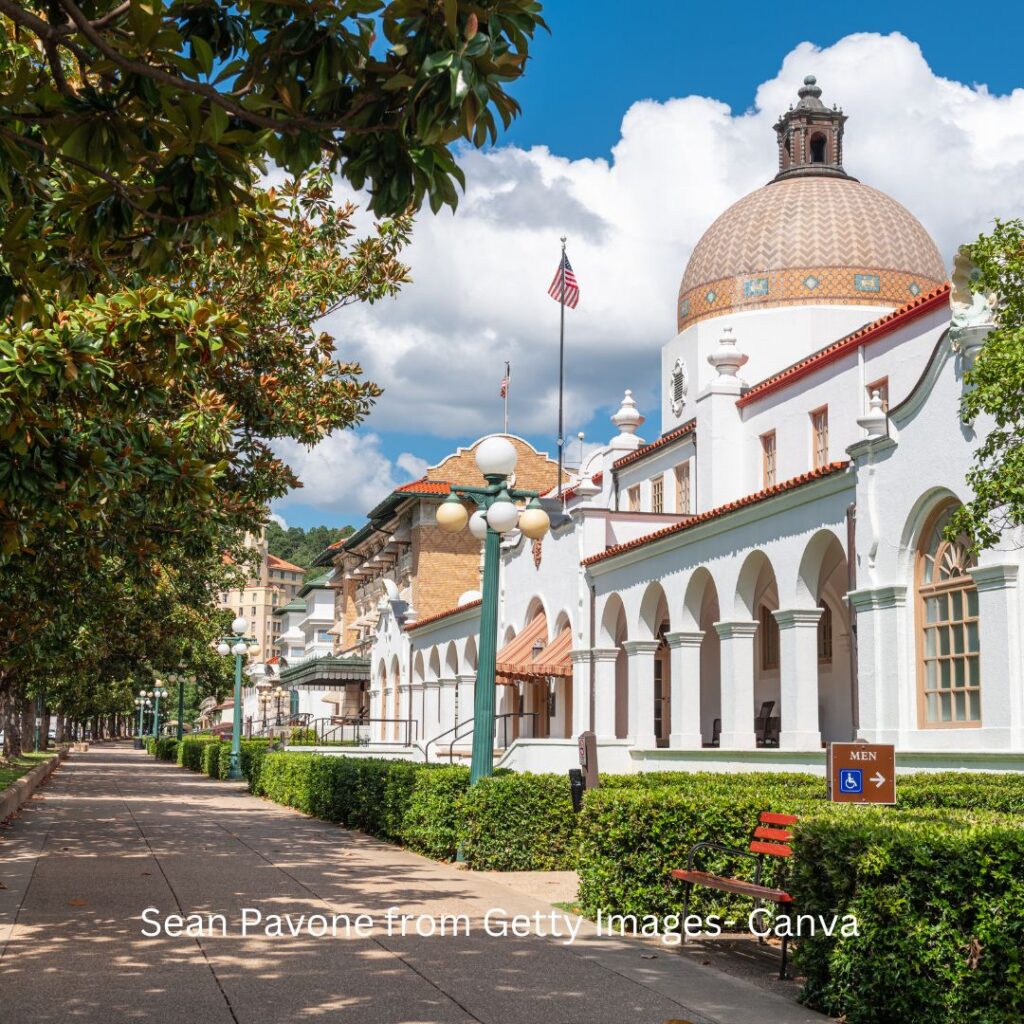 A scenic photo along Bathhouse Row, where visitors can stroll past historic bathhouses and experience the charm of a weekend in Hot Springs National Park.