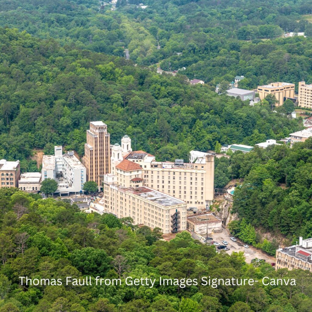 A stunning aerial view of Hot Springs, Arkansas, showcasing the lush greenery and historic architecture that make a weekend in Hot Springs National Park unforgettable.