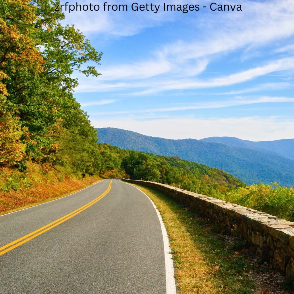 Unlock the Beauty of Shenandoah National Park Scenic view of driving along Skyline Drive in Shenandoah National Park, with trees lining the road and distant mountains in the background.
