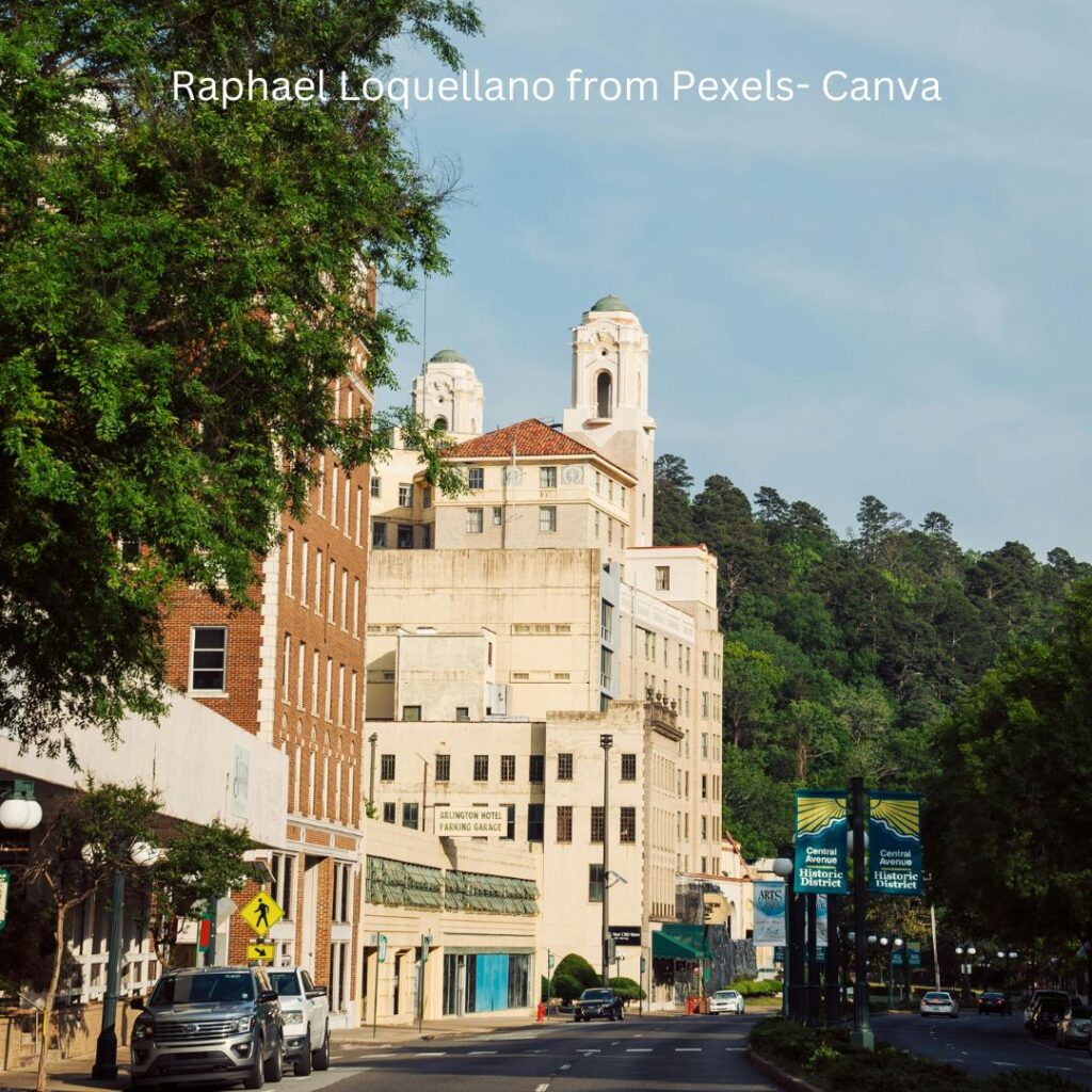 A vibrant shot of the historic main road in Hot Springs, capturing the unique atmosphere and rich history of a weekend in Hot Springs National Park.