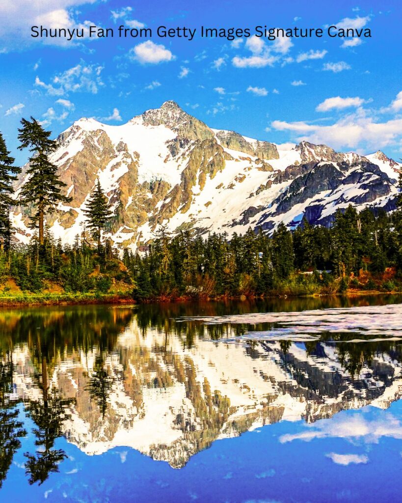 Scenic alpine lake surrounded by peaks in North Cascades.