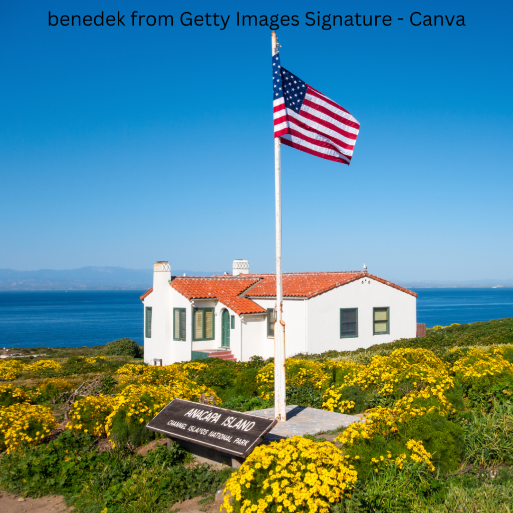 Ranger station on Anacapa Island in Channel Islands National Park, featuring an American flag waving in the coastal breeze.