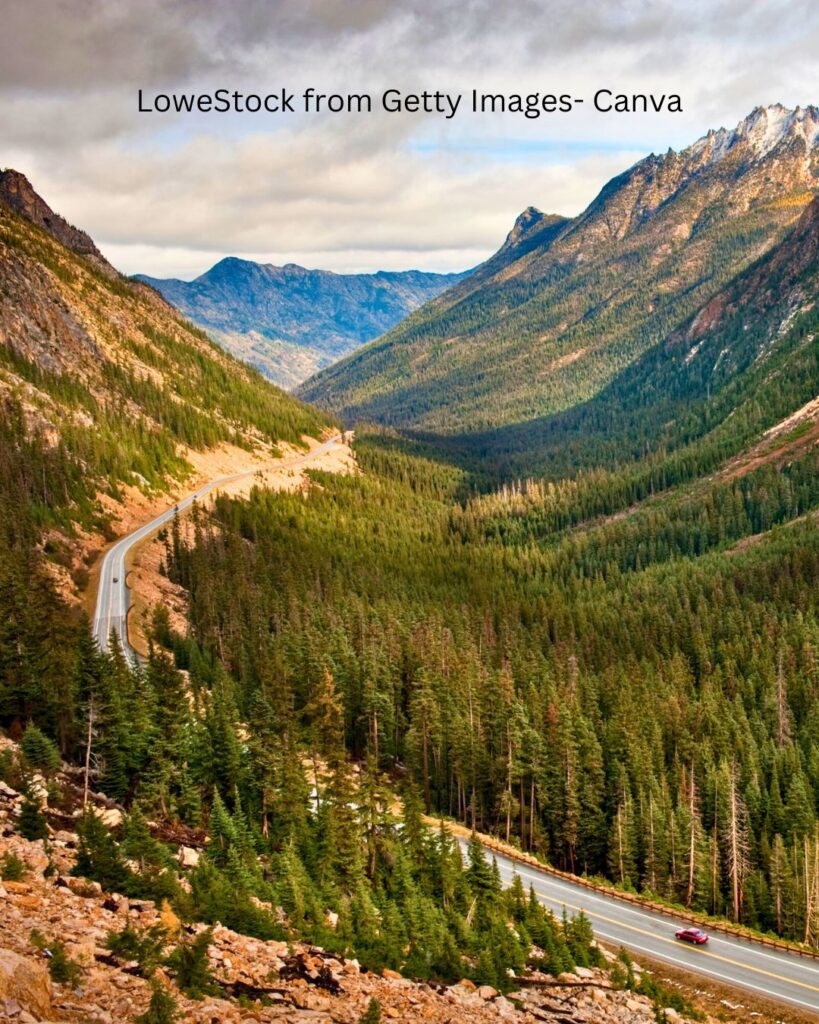 Bird's-eye view of the winding main road in North Cascades National Park.