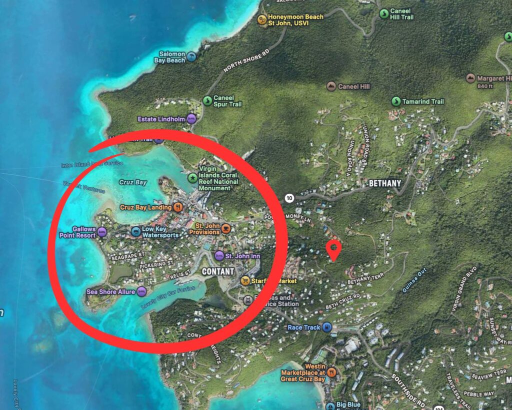 A map of Cruz Bay, the main town on Saint John, where Virgin Islands National Park is located. 
