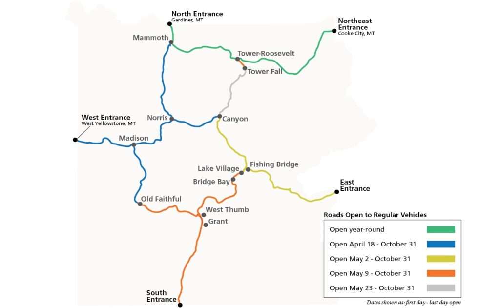 Park make of Yellowstone National Park showing the open roads and loops for roadtrip planning.