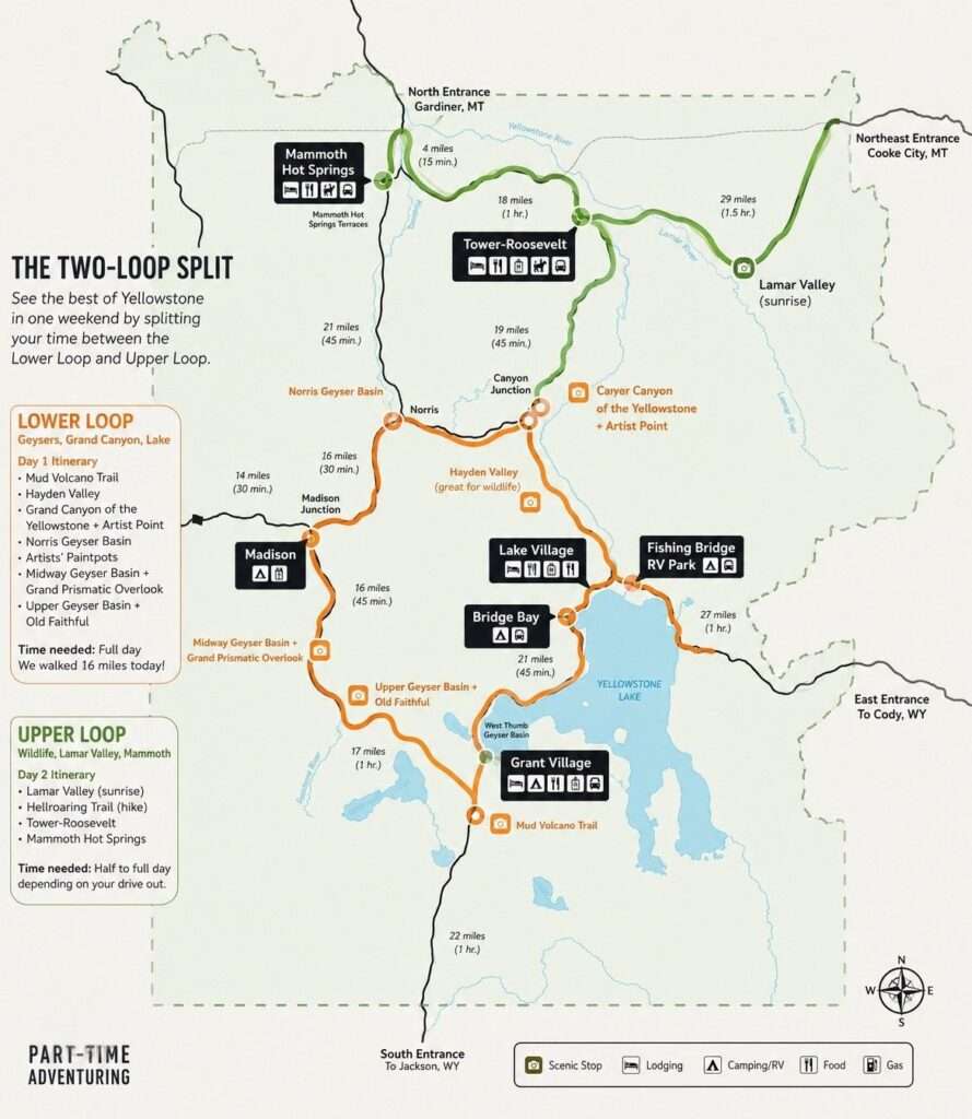 Map of Yellowstone National Park with highlighted driving split to see the park in just 2 days/
