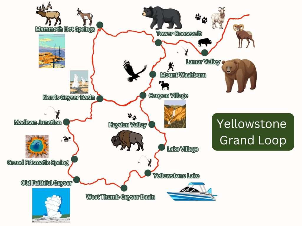 Image of Grand Loop road in Yellowstone National Park and the main sights along the road.